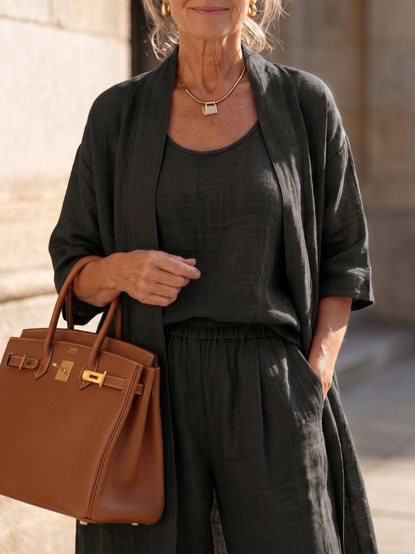 Women's Linen Set | Wide Leg, Longline Cardigan | Three Piece