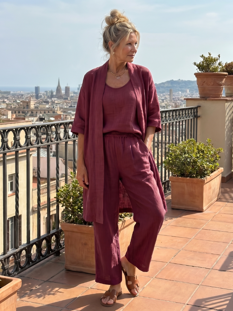 Women's Linen Set | Wide Leg, Longline Cardigan | Three Piece