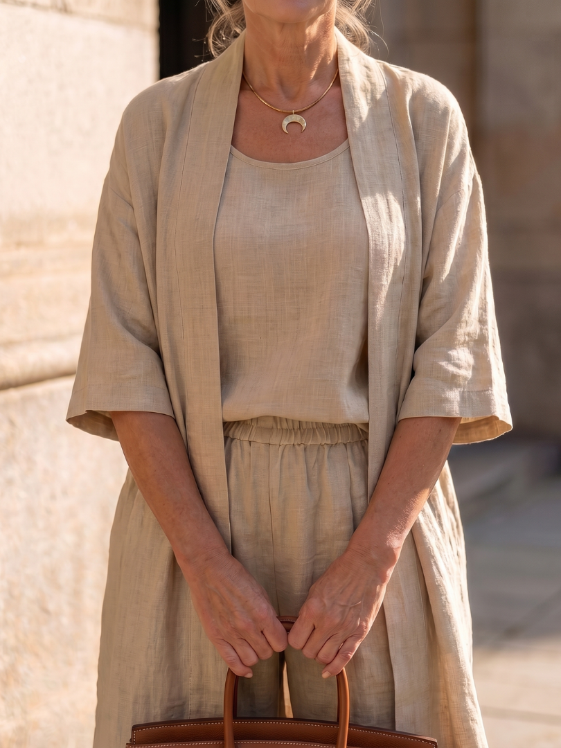 Women's Linen Set | Wide Leg, Longline Cardigan | Three Piece