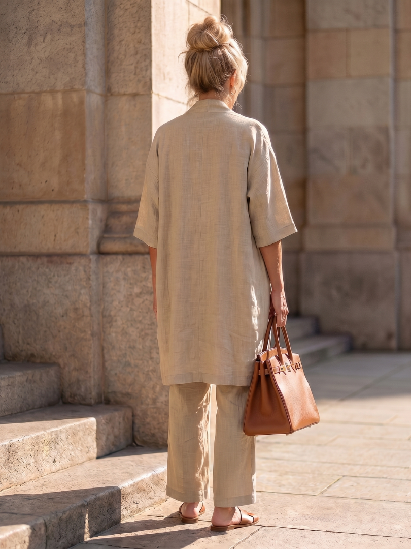 Women's Linen Set | Wide Leg, Longline Cardigan | Three Piece