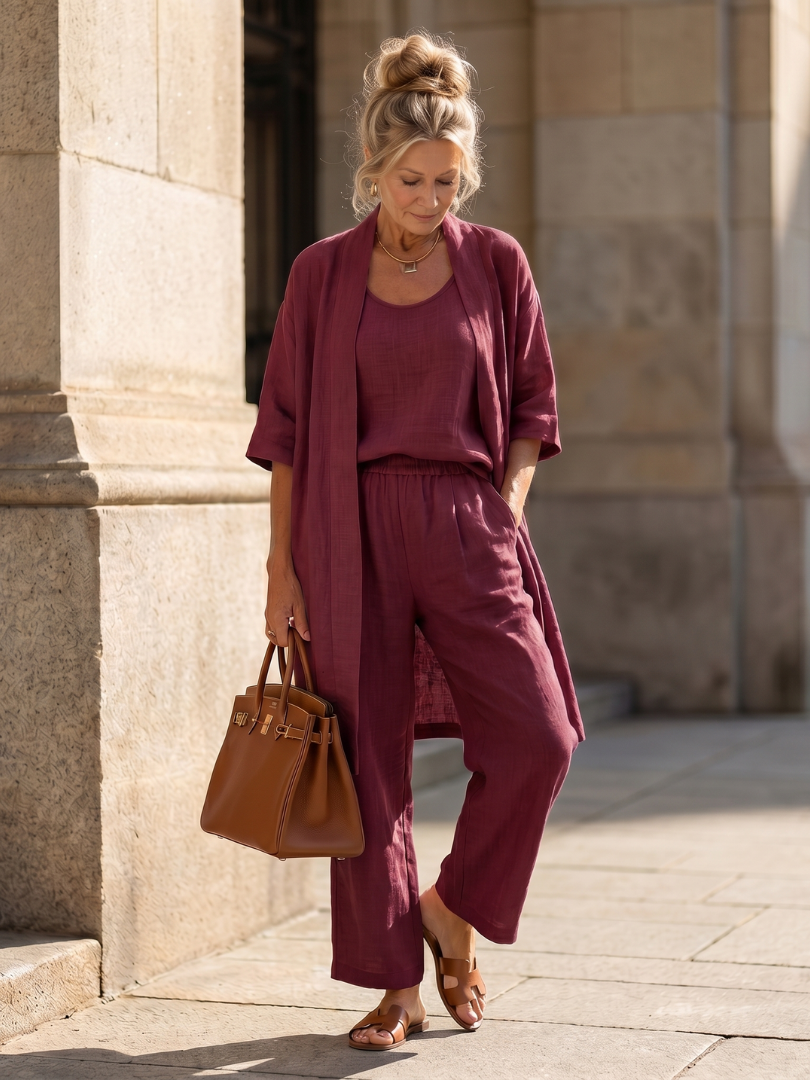 Women's Linen Set | Wide Leg, Longline Cardigan | Three Piece