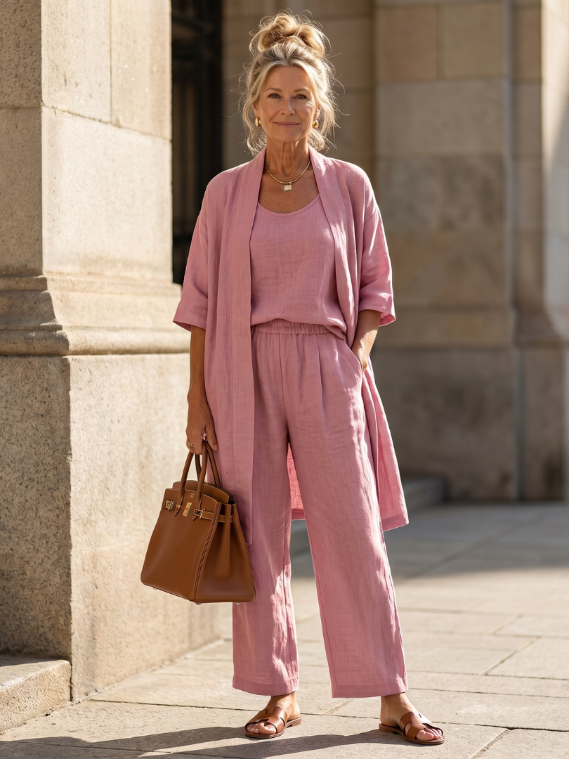 Women's Linen Set | Wide Leg, Longline Cardigan | Three Piece