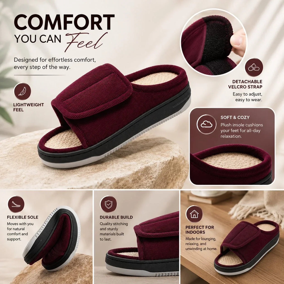 Extra Wide Slippers | Adjustable, Open Toe | Cushioned for Swollen Feet