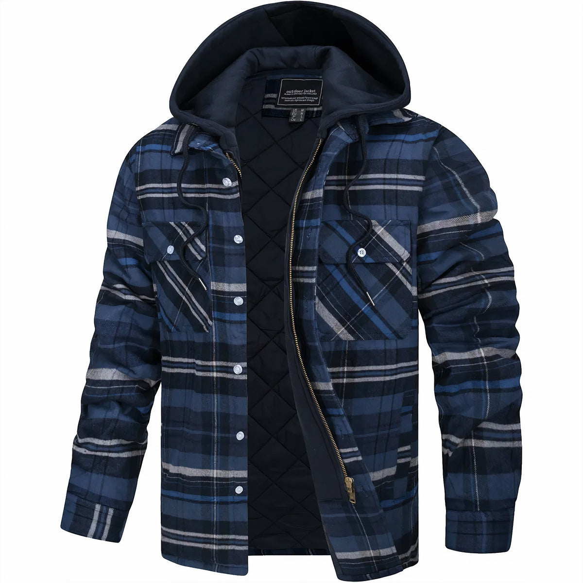 Men's plaid hooded jacket with quilted lining and zip-up front