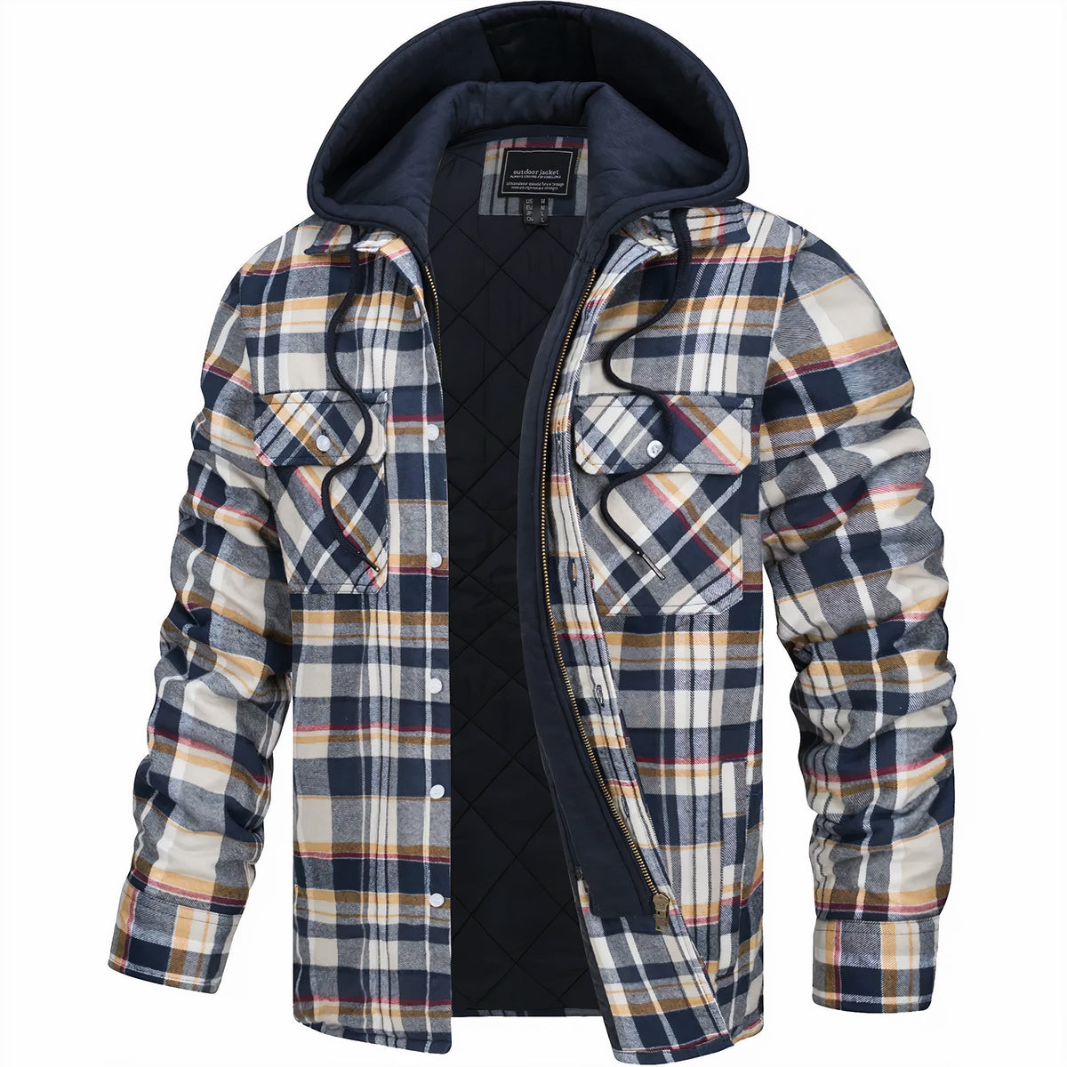 Men's plaid hooded jacket with quilted lining and zip-up front