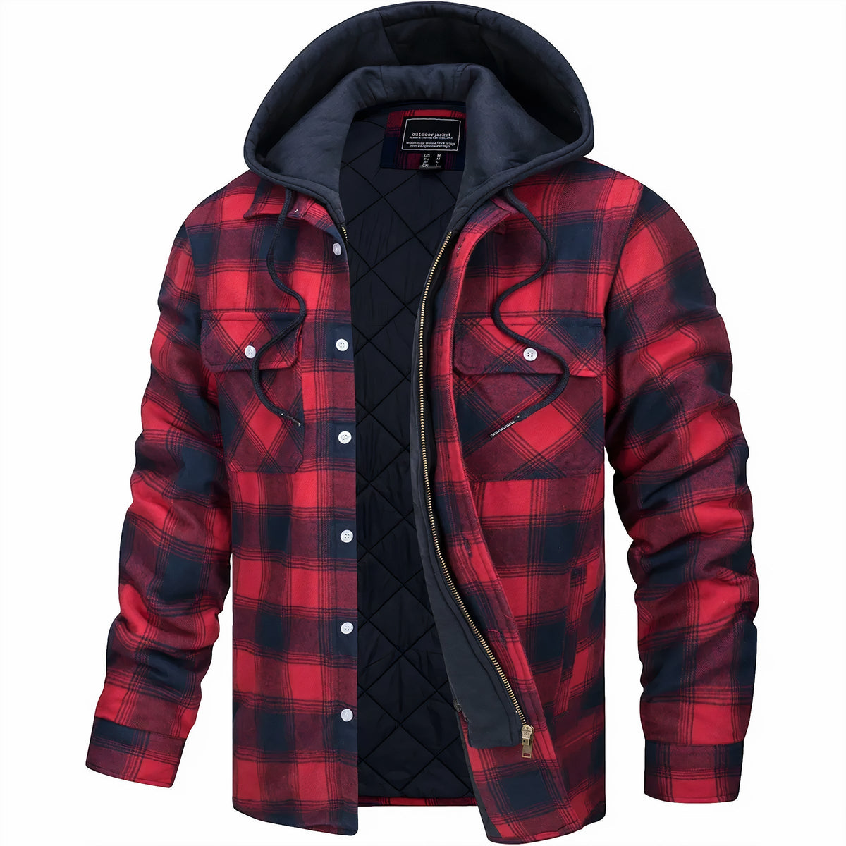 Men's plaid hooded jacket with quilted lining and zip-up front