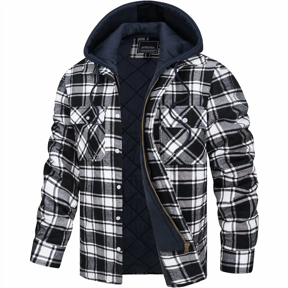 Men's plaid hooded jacket with quilted lining and zip-up front