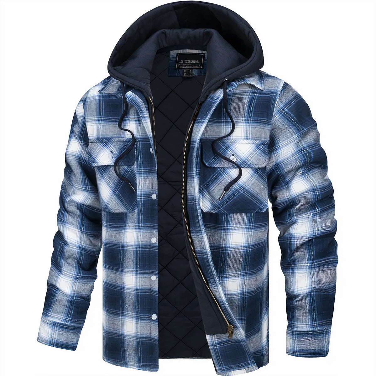 Men's plaid hooded jacket with quilted lining and zip-up front