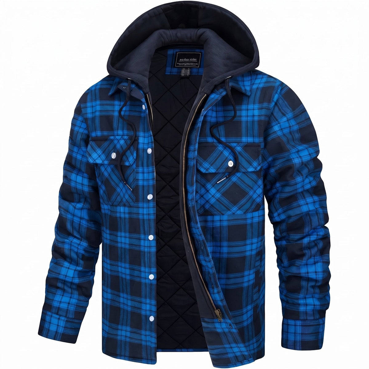 Men's plaid hooded jacket with quilted lining and zip-up front