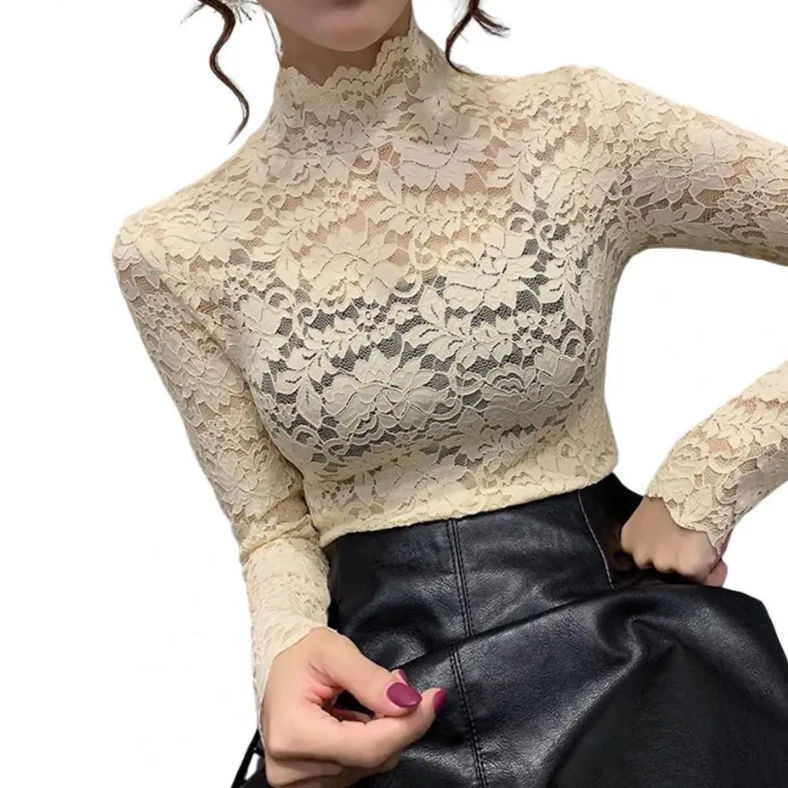 Lace Top | Floral lace turtleneck | Elegant, slim fit, lightweight