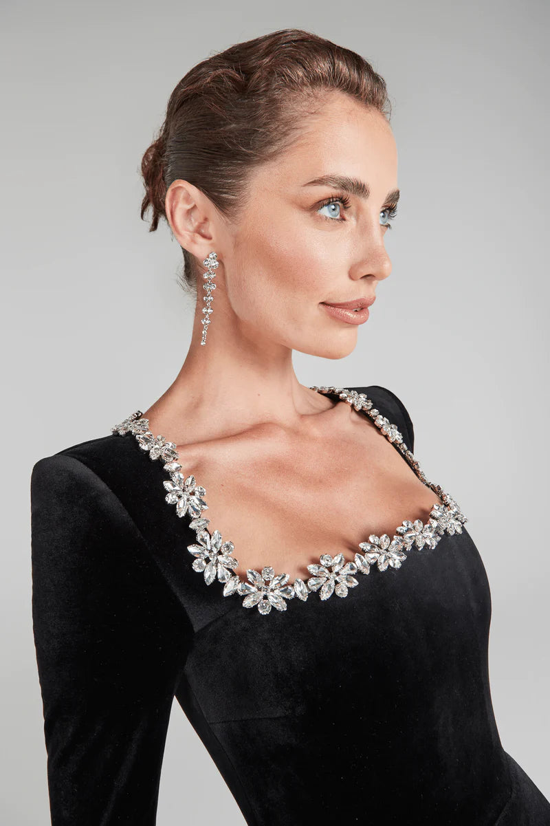 Yassy - Elegant Velvet Evening Dress - Patchwork - Square Neckline
