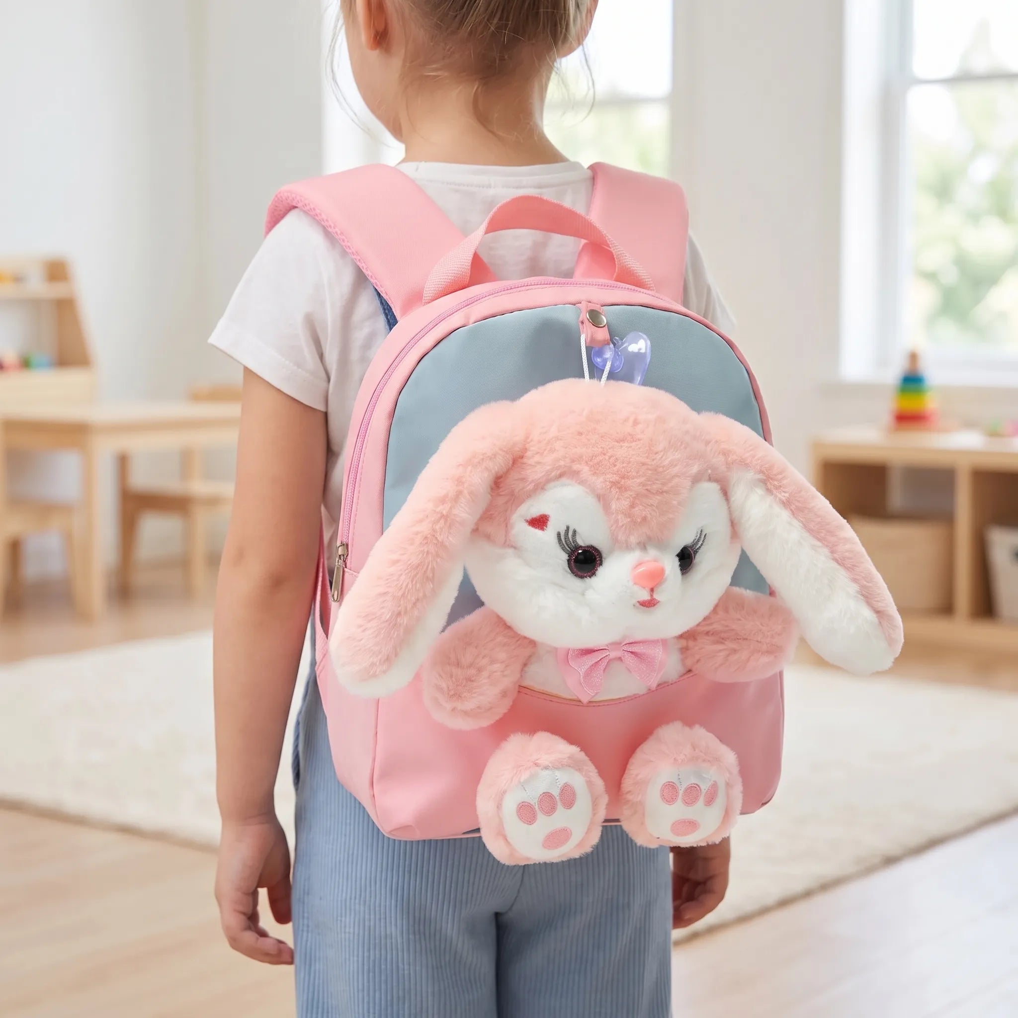 Kids School Backpack | Plush Toy Companion, Removable Rabbit