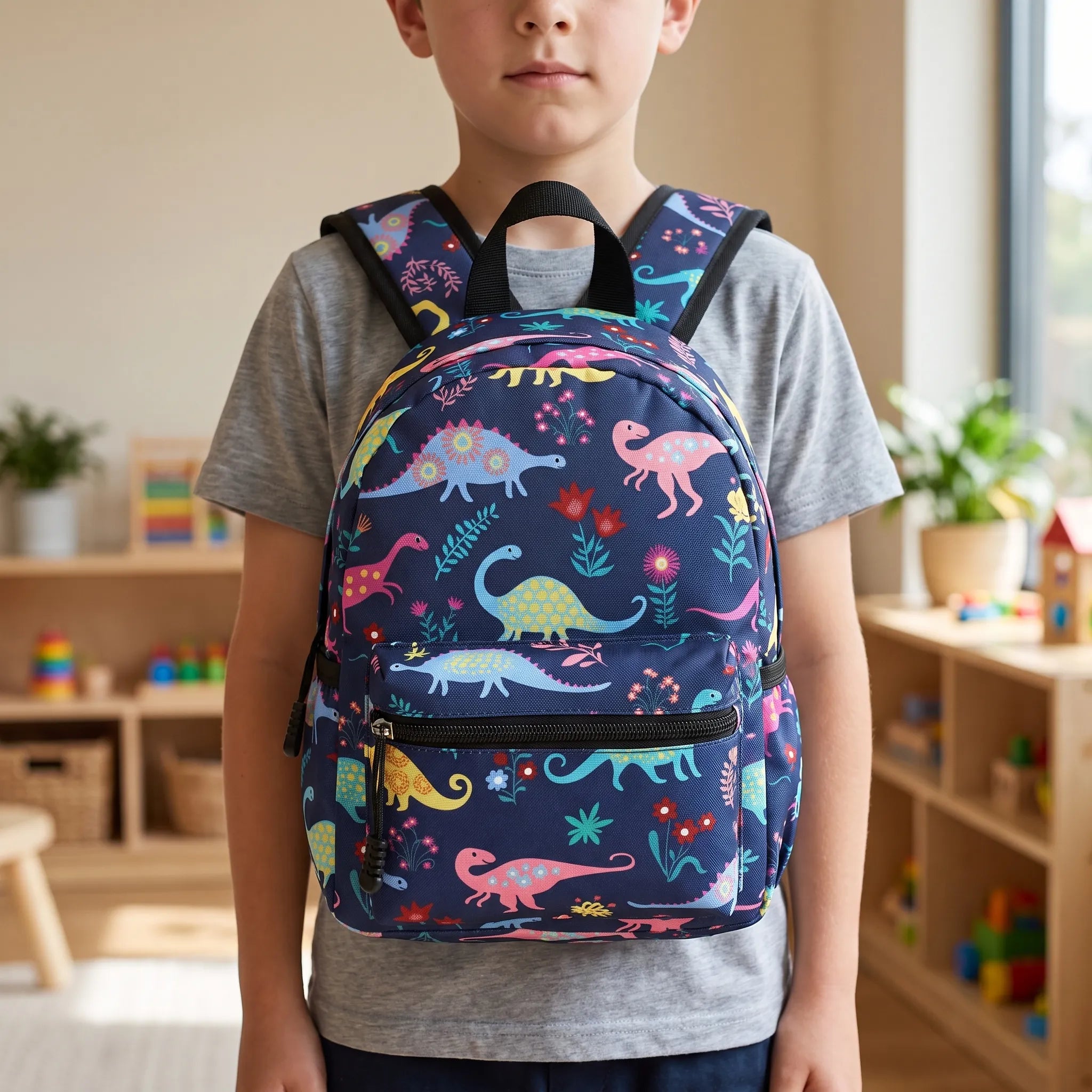 Kids Schoolbag | Light Blue with Vehicle Print | 30x23cm
