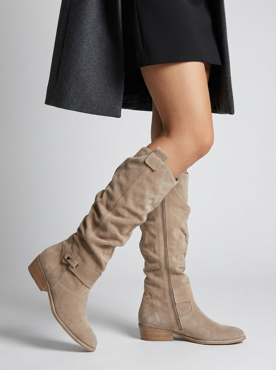 Womens knee high cowboy boots in suede with block heel and western style