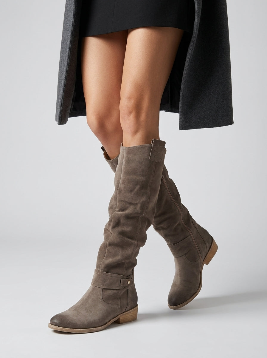 Womens knee high cowboy boots in suede with block heel and western style
