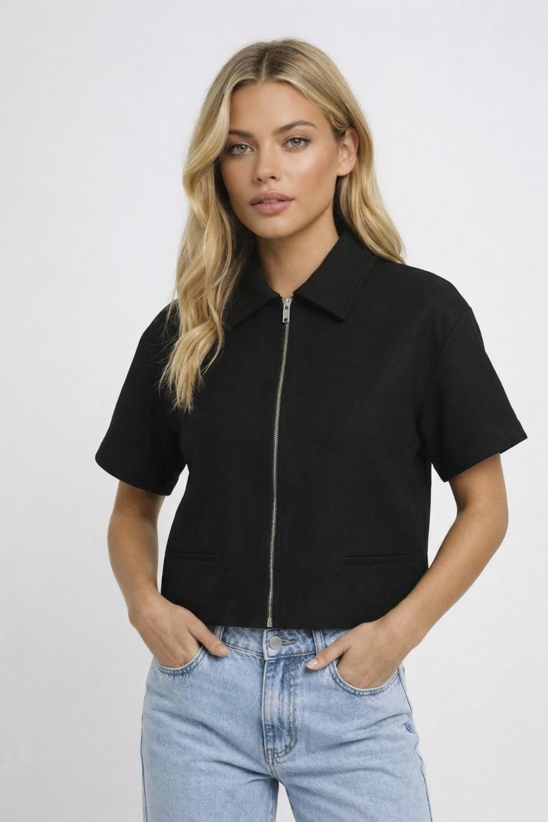 Women's Cropped Jacket | Zip Collar, Tailored Fit | Casual Chic