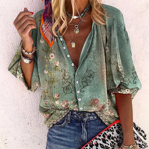 Women's Linen Blouse | Boho Print, V-Neck Long Sleeve