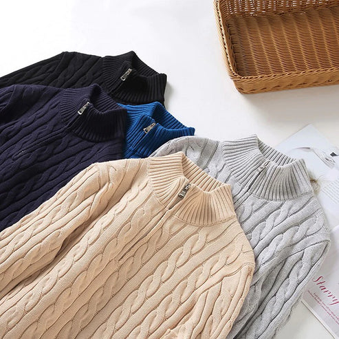 Men cable knit half zip sweater mock neck in classic textured pattern