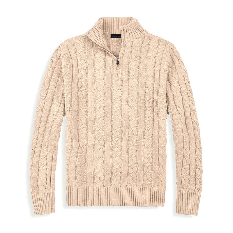Men cable knit half zip sweater mock neck in classic textured pattern
