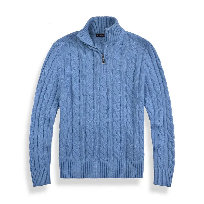 Men cable knit half zip sweater mock neck in classic textured pattern