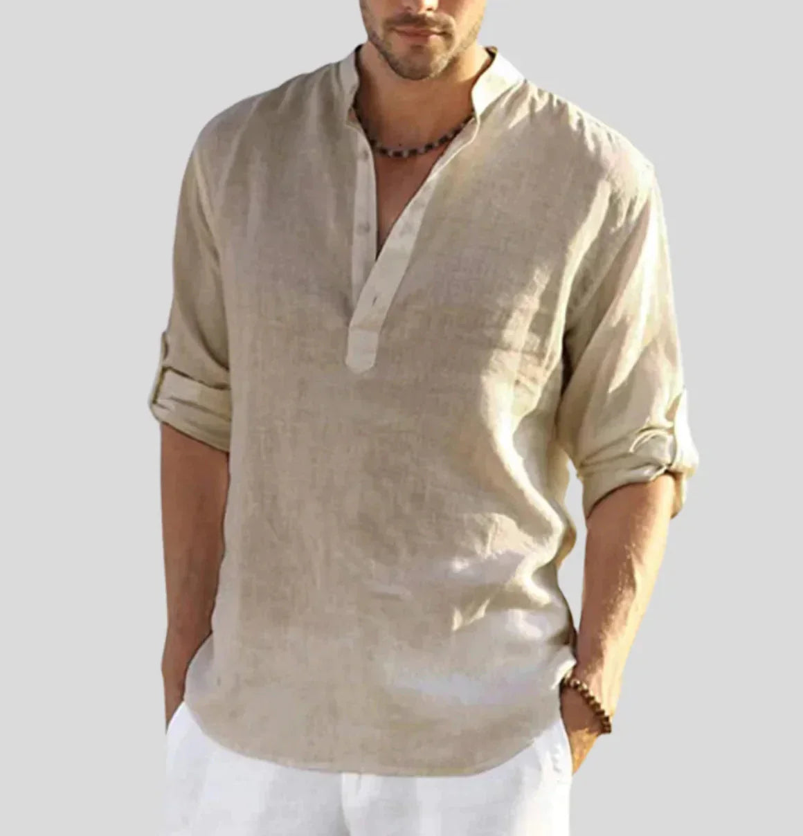 Linen Shirt for Men | Long Sleeves, Straight Collar | Breathable Summer Shirt