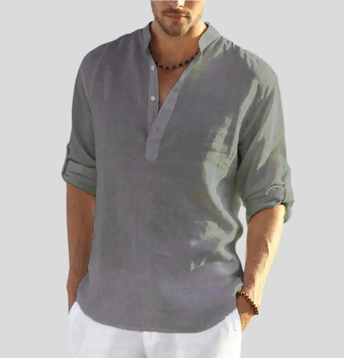 Linen Shirt for Men | Long Sleeves, Straight Collar | Breathable Summer Shirt