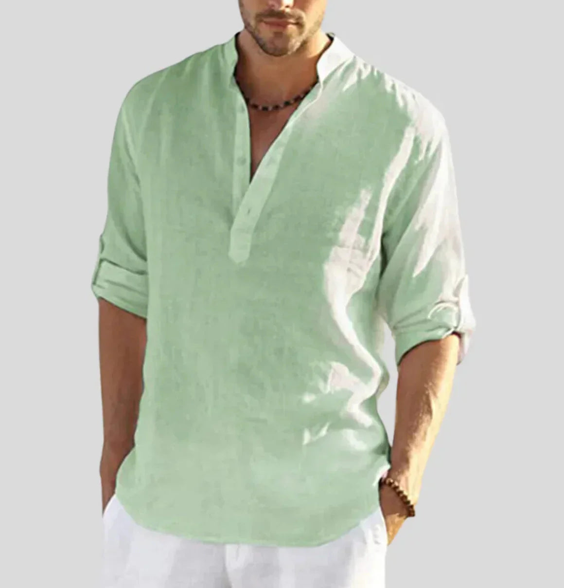 Linen Shirt for Men | Long Sleeves, Straight Collar | Breathable Summer Shirt