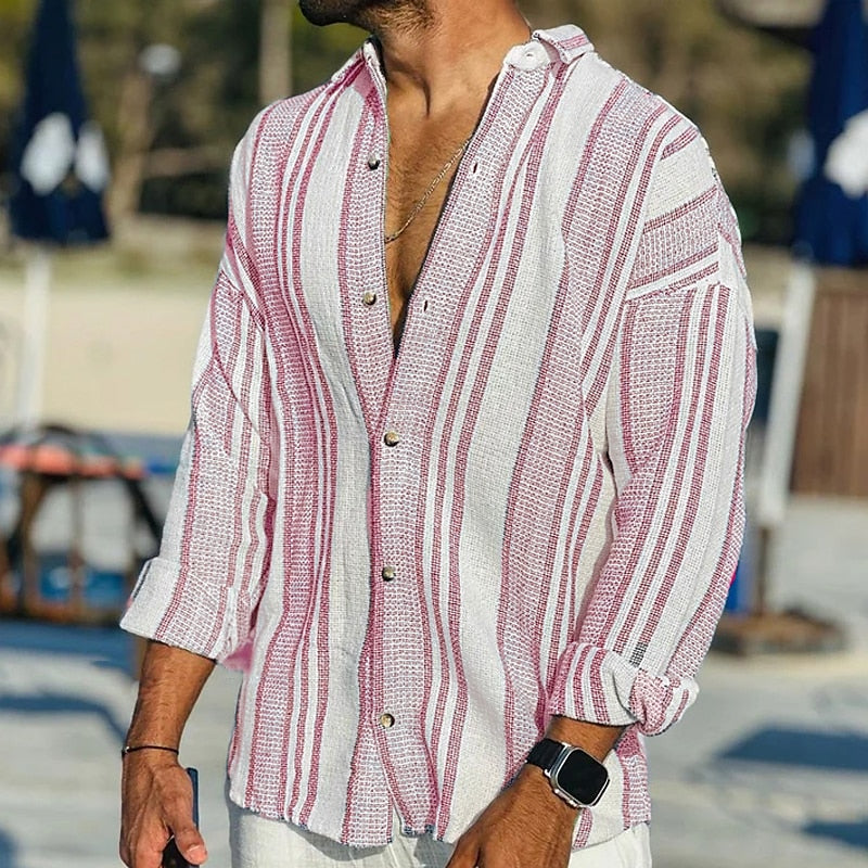 Striped shirt for men | Linen blend, long sleeves | Lightweight button-up shirt