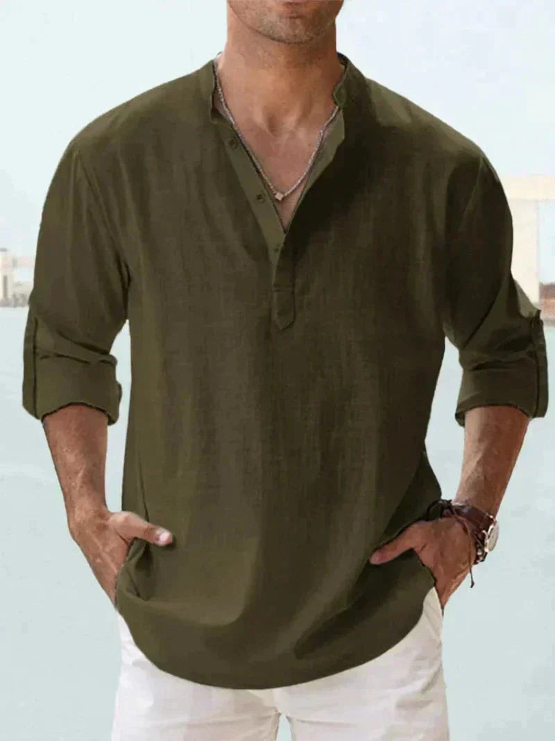 Men's Henley Shirt | Linen Blend, Long Sleeves | Spread Collar, Half-Button Closure