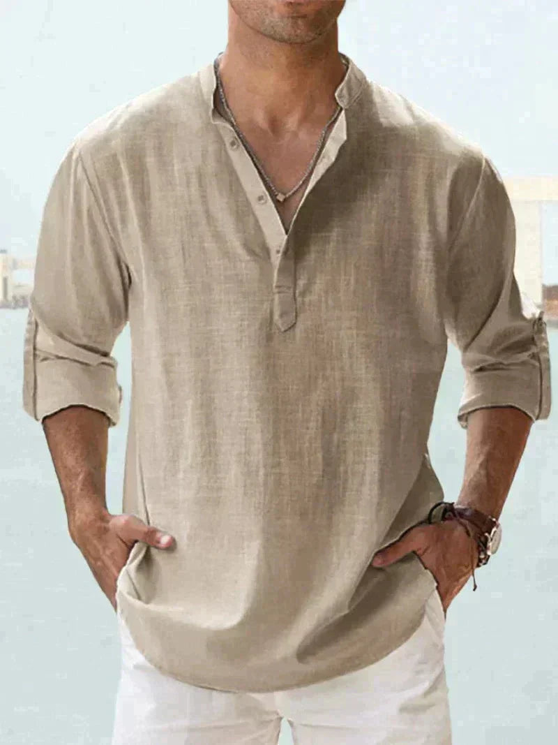 Men's Henley Shirt | Linen Blend, Long Sleeves | Spread Collar, Half-Button Closure