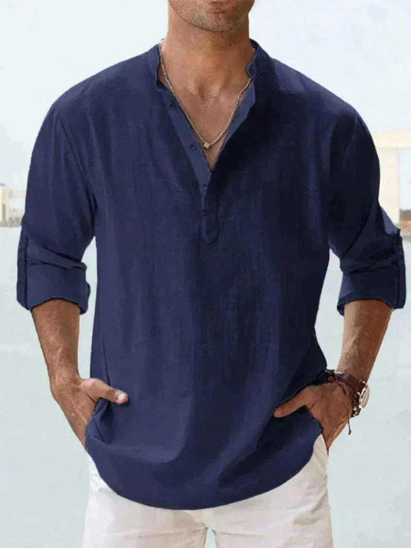 Men's Henley Shirt | Linen Blend, Long Sleeves | Spread Collar, Half-Button Closure