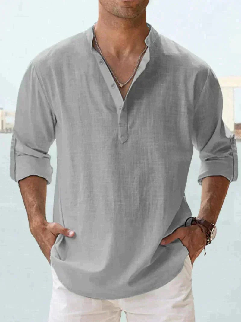 Men's Henley Shirt | Linen Blend, Long Sleeves | Spread Collar, Half-Button Closure