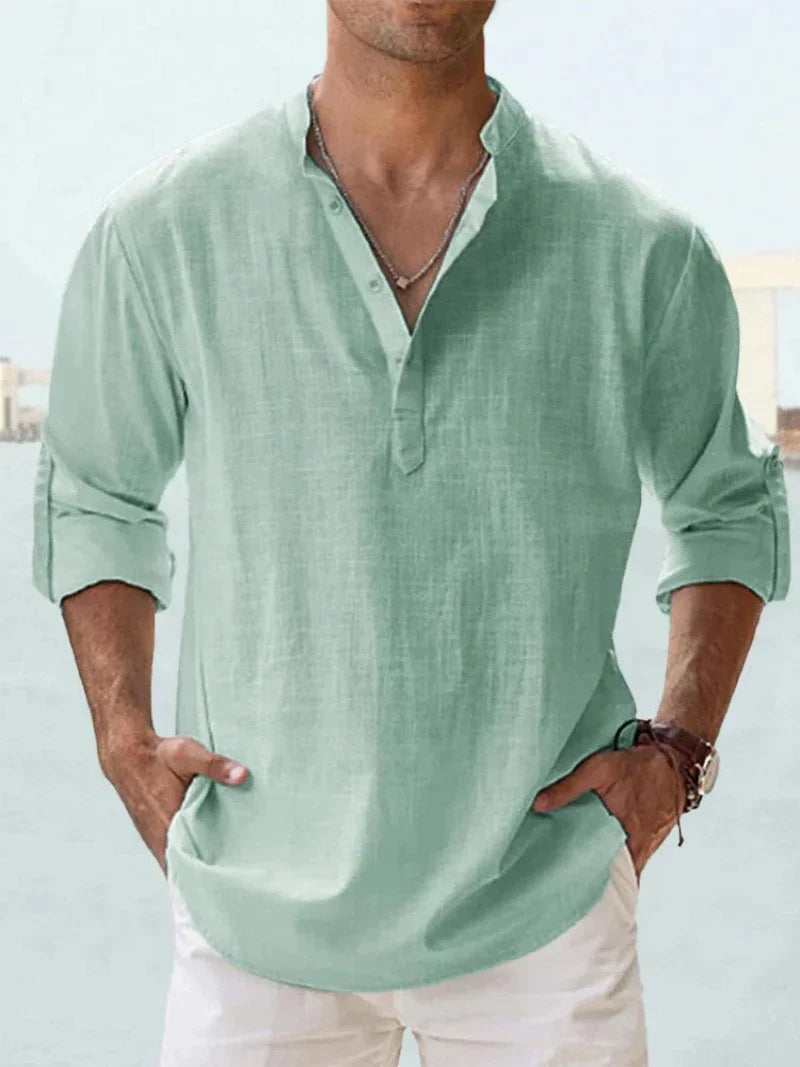Men's Henley Shirt | Linen Blend, Long Sleeves | Spread Collar, Half-Button Closure
