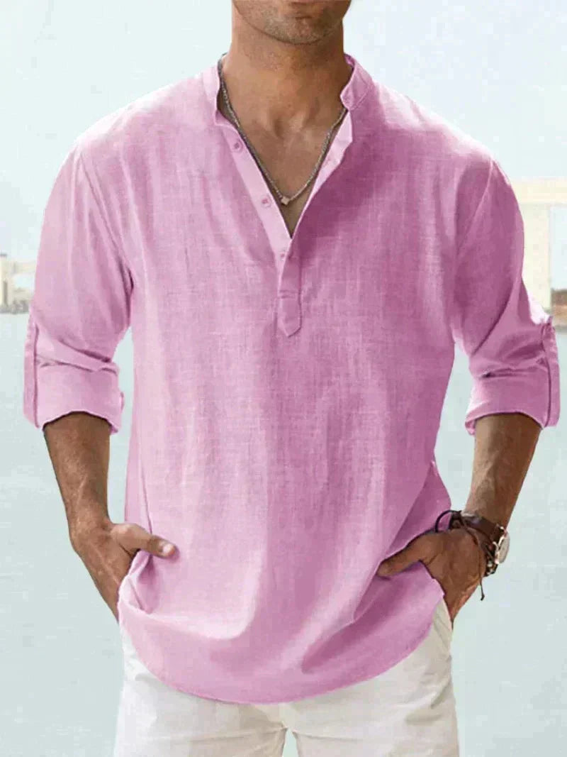 Men's Henley Shirt | Linen Blend, Long Sleeves | Spread Collar, Half-Button Closure