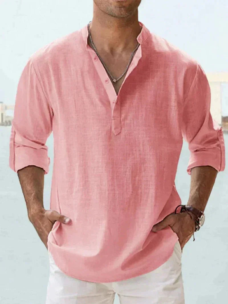Men's Henley Shirt | Linen Blend, Long Sleeves | Spread Collar, Half-Button Closure