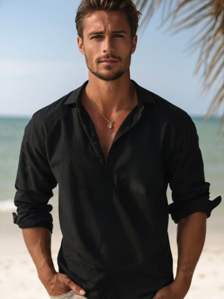 Men's Henley Shirt | Linen Blend, Long Sleeves | Spread Collar, Half-Button Closure