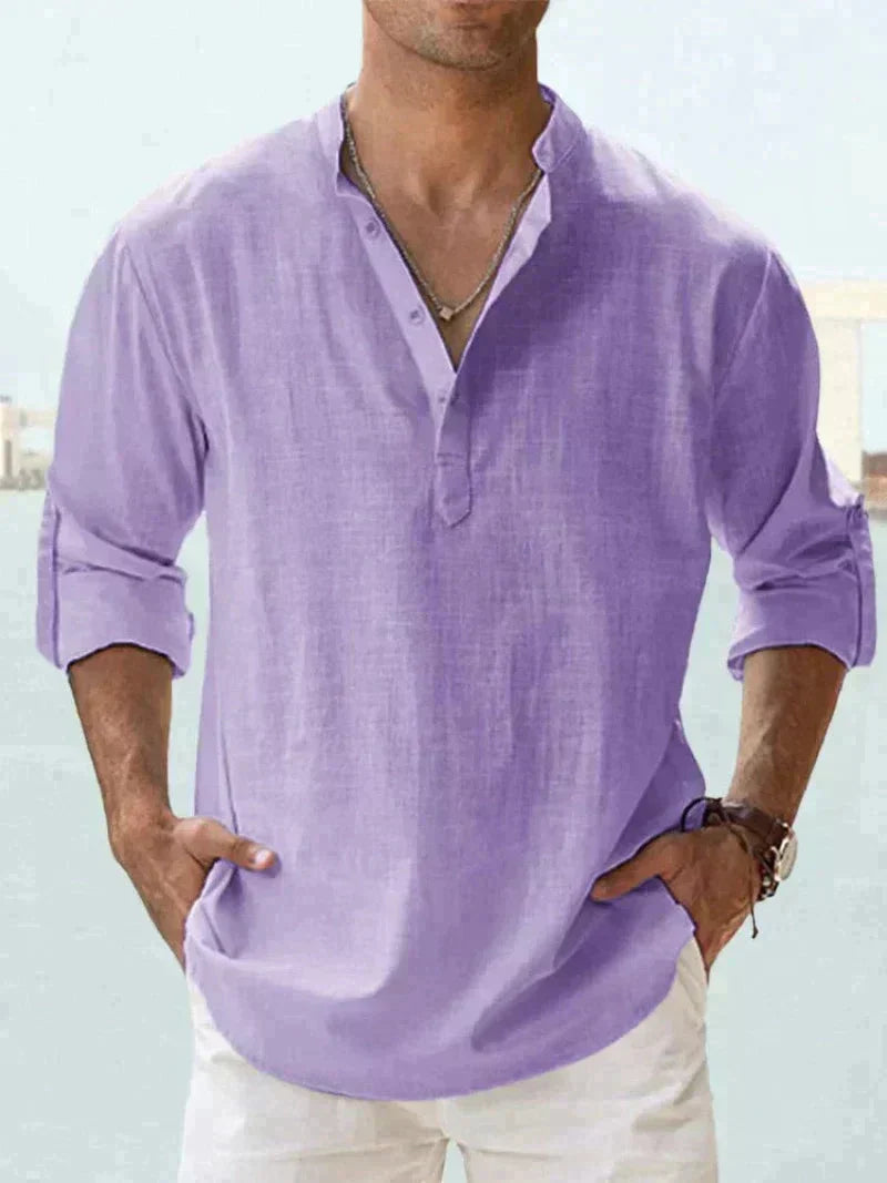 Men's Henley Shirt | Linen Blend, Long Sleeves | Spread Collar, Half-Button Closure
