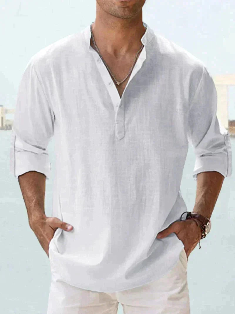 Men's Henley Shirt | Linen Blend, Long Sleeves | Spread Collar, Half-Button Closure