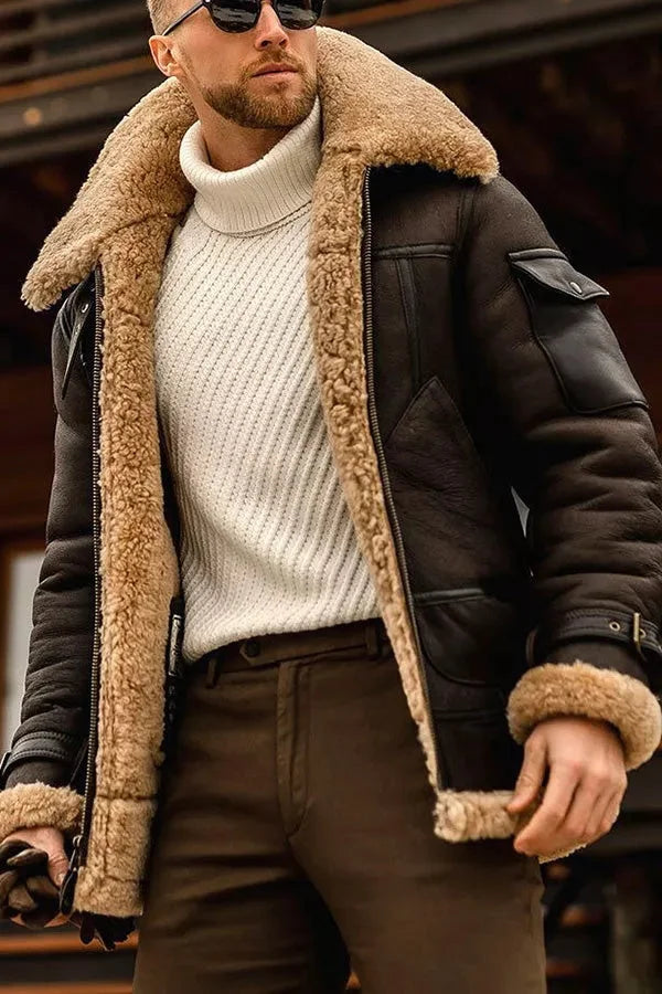 Men sherpa lined aviator jacket with wide foldable collar