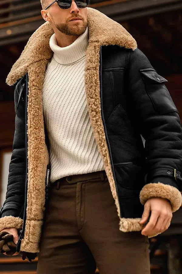 Men sherpa lined aviator jacket with wide foldable collar