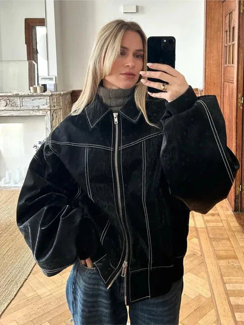 Oversized Bomber Jacket Women | Zip Closure, Leather | Black