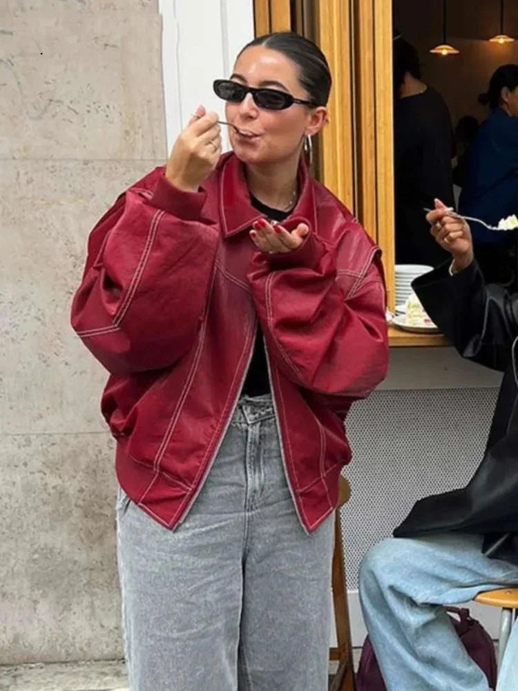 Oversized Bomber Jacket Women | Zip Closure, Leather | Black