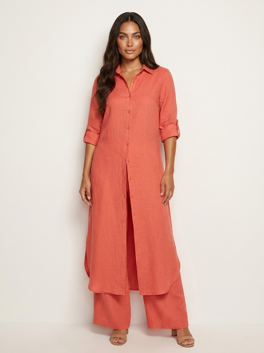 Women's Linen Set | Long Blouse, Wide Pants | Breathable