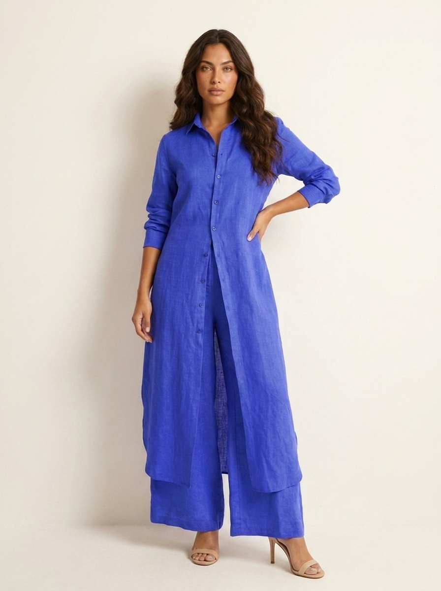 Women's Linen Set | Long Blouse, Wide Pants | Breathable