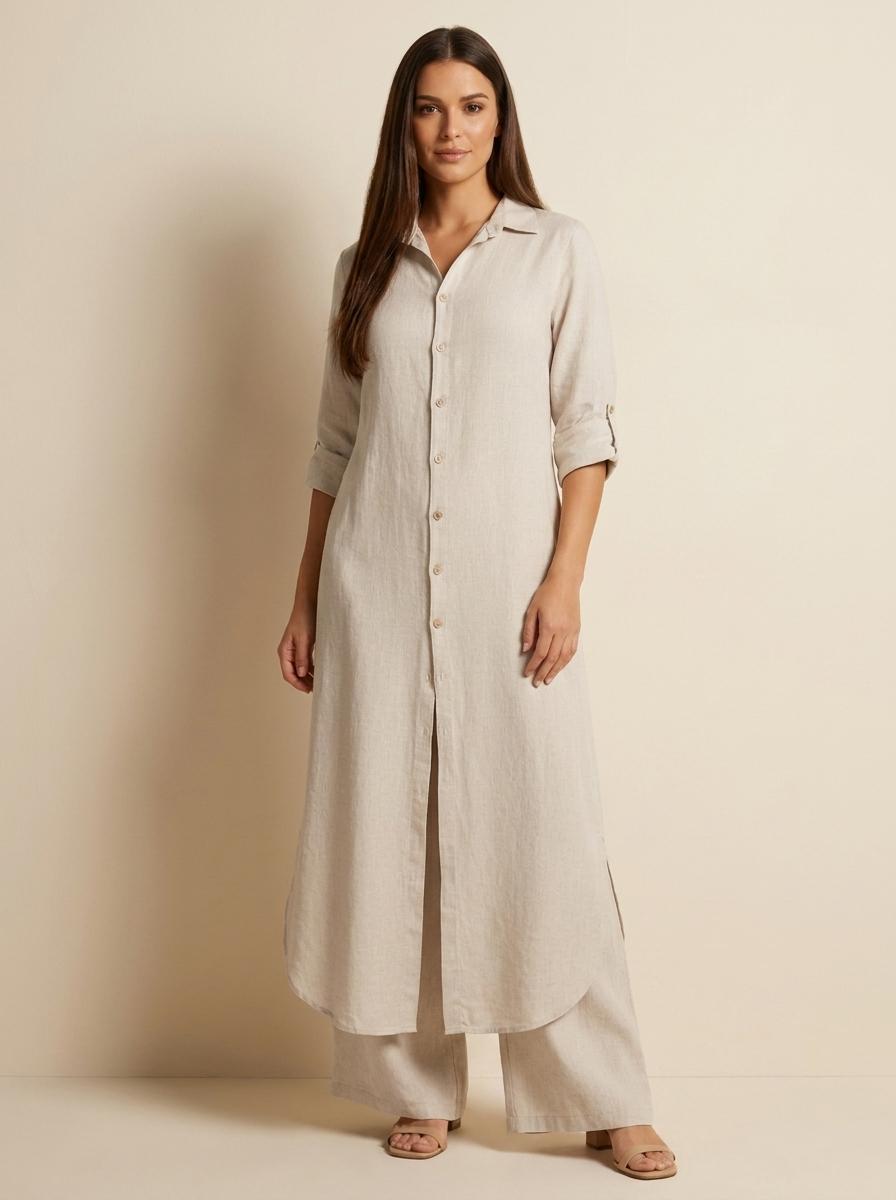 Women's Linen Set | Long Blouse, Wide Pants | Breathable