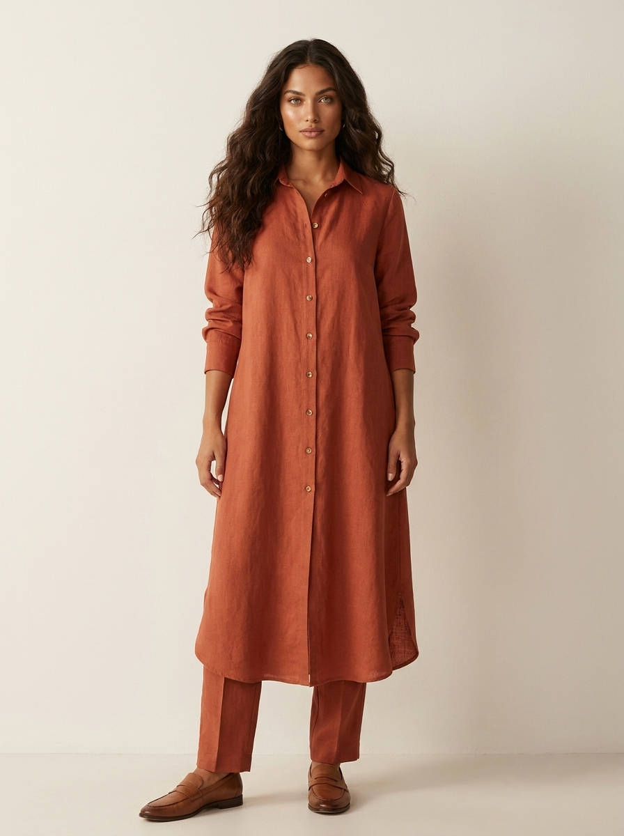 Women's Linen Set | Long Blouse, Wide Pants | Breathable