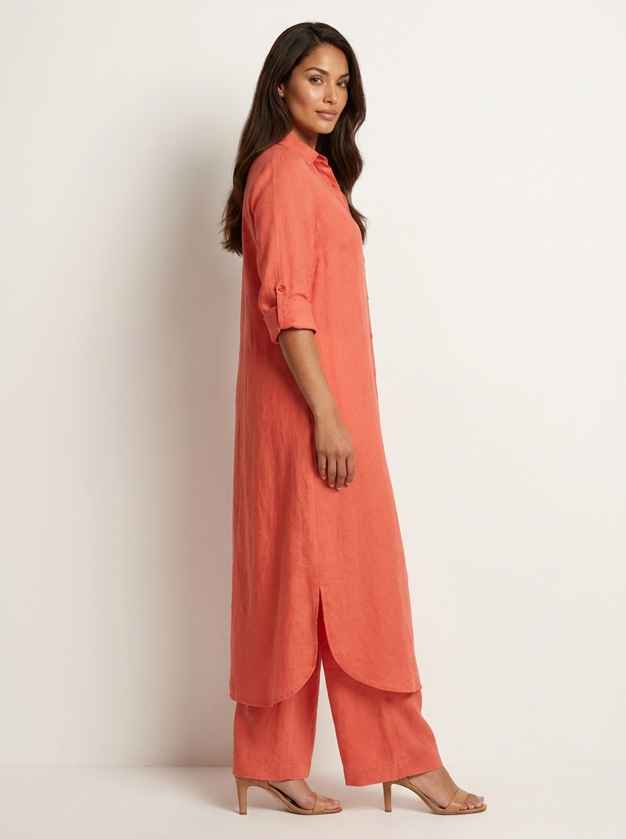 Women's Linen Set | Long Blouse, Wide Pants | Breathable
