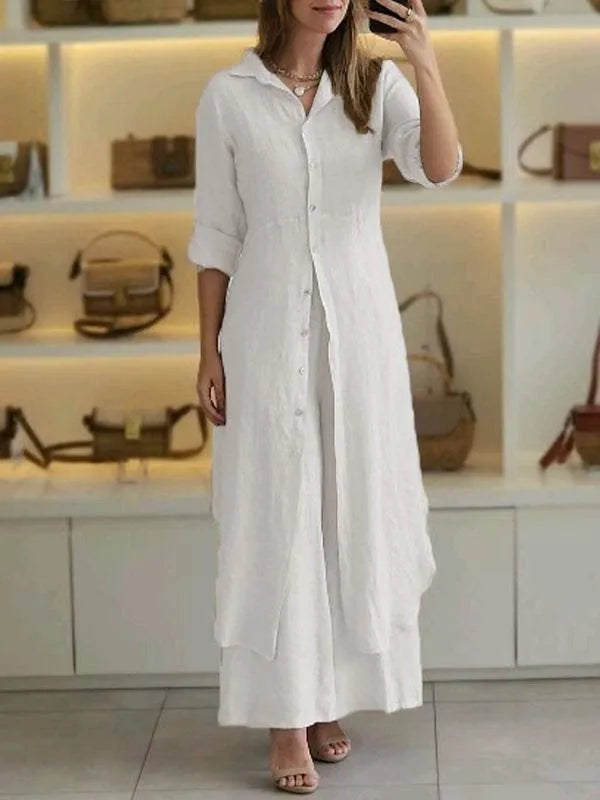 Women's Linen Set | Long Blouse, Wide Pants | Breathable