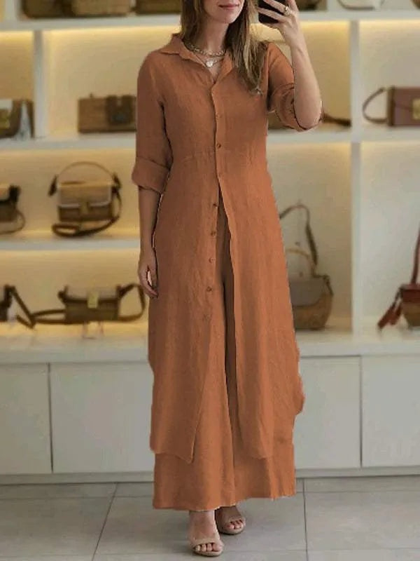 Women's Linen Set | Long Blouse, Wide Pants | Breathable