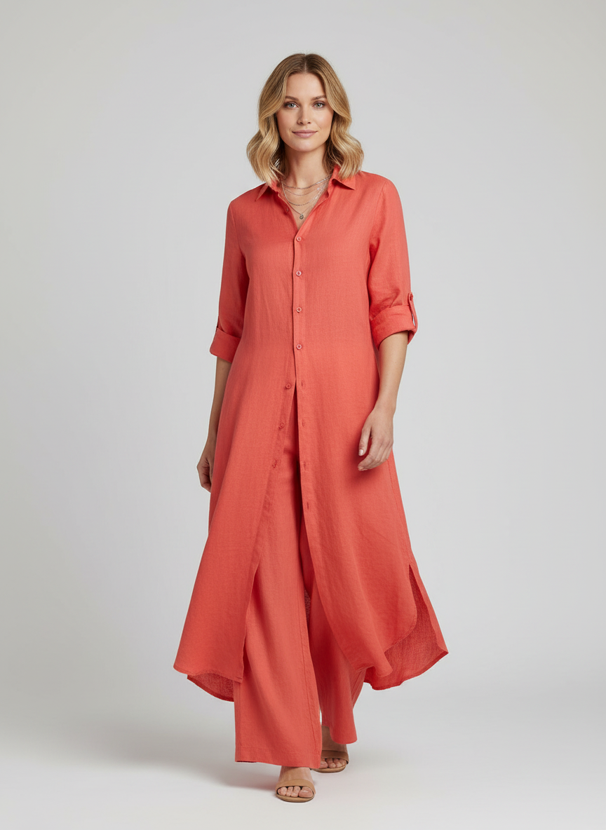 Women's Linen Set | Long Blouse, Wide Pants | Breathable
